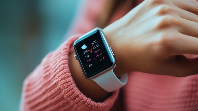 A person wearing a pink sweater has an Apple Watch on their wrist displaying health-focused apps tracking heart rate and activity metrics.
