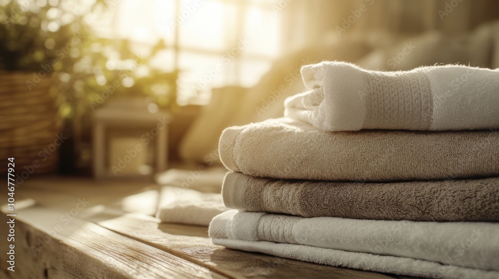Aufkleber freshly laundered towels are stacked neatly, illuminated by soft sunlight in a cozy, tranquil room w