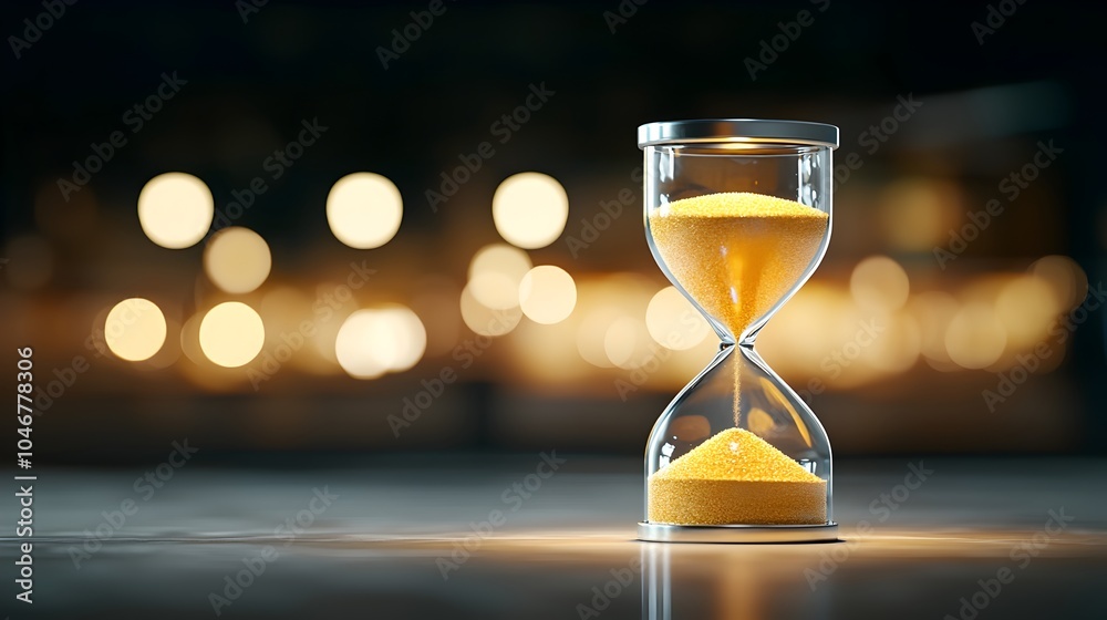 Poster Captivating close up of an hourglass filled with sparkling sand illuminated by a soft glowing light and set against a warm blurred bokeh background