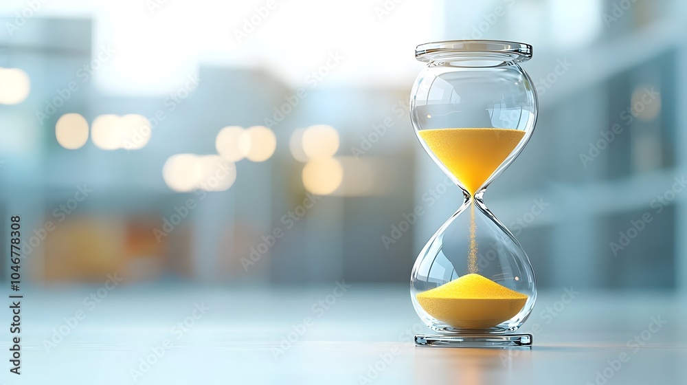 Poster Close up of a shimmering hourglass with glowing sand inside surrounded by a warm radiant bokeh glow symbolizing the timeless and ethereal passage of time