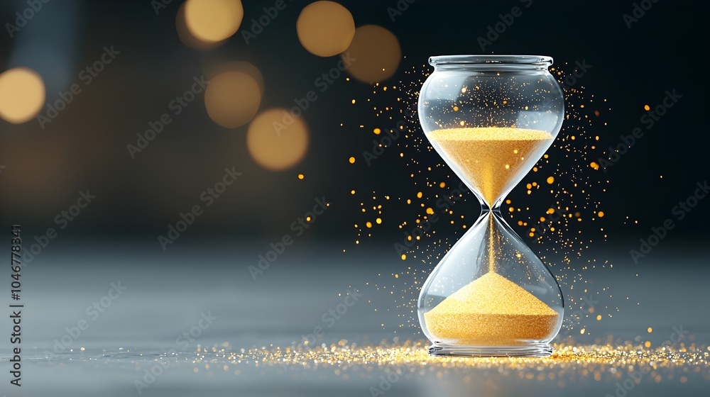 Poster Close up shot of a glowing hourglass filled with sparkling sand illuminated by a soft warm light that creates a beautiful bokeh background symbolizing the passage of time and a sense of elegant