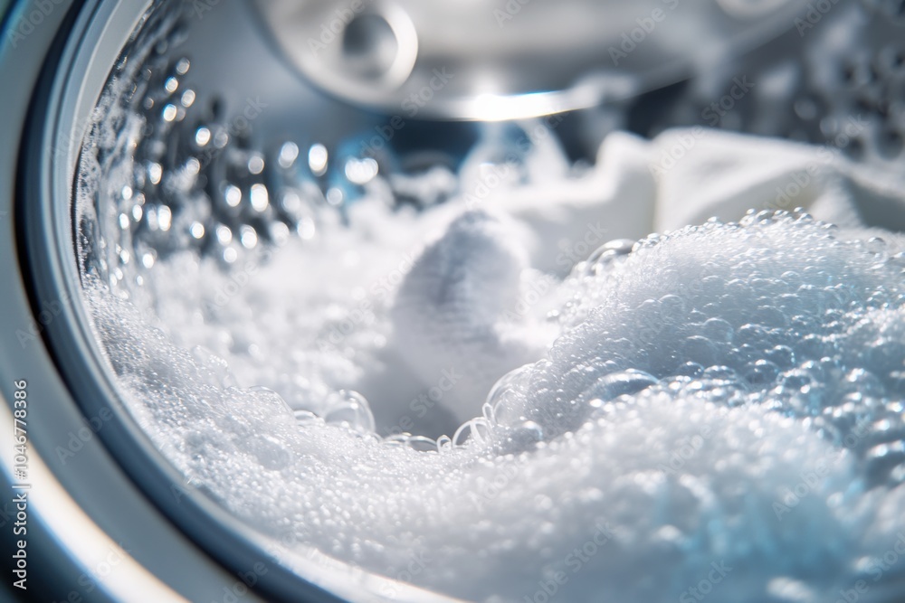 Poster a washing machine drum shows white towels submerged in soapy water, surrounded by bubbles as the lau