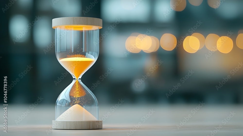 Poster Mesmerizing close up of a glowing hourglass filled with bright shimmering sand gently falling through the passage of time surrounded by a soft warm bokeh effect that creates a tranquil