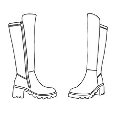 Knee high boots chunky block heel round toe tall boots with buckle line art. Technical sketch hand-drawing outline vector doodle illustration. Isolated on a white background