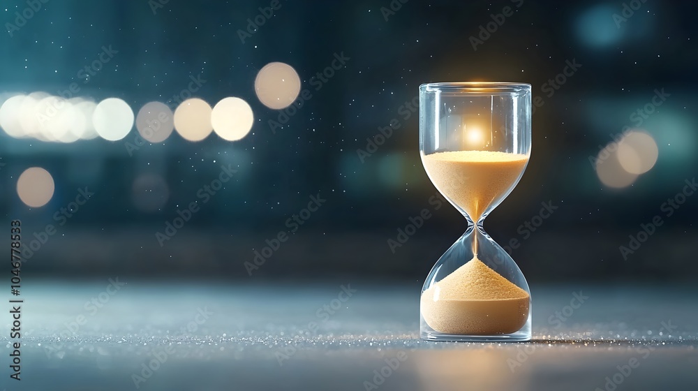 Poster Close up of an elegant hourglass filled with shining sand softly illuminated from within and surrounded by a warm glowing bokeh light effect creating a mesmerizing and enchanting visual