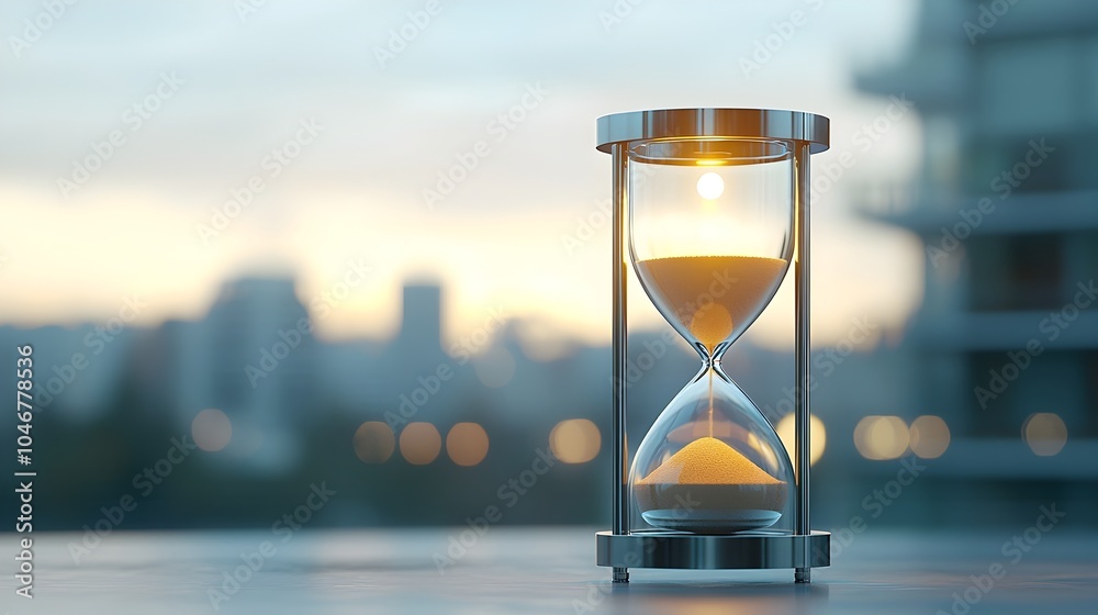 Poster Captivating Close up of a Glowing Hourglass Surrounded by Warm Shimmering Bokeh Lights Highlighting the Mesmerizing Passage of Time in a Serene Magical Atmosphere