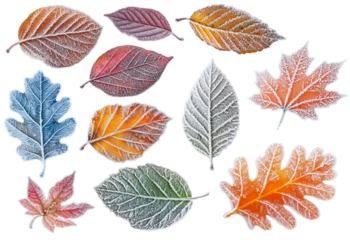 a collection of frosty autumn leaves. Transparent background