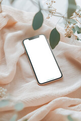 
A minimalist phone mockup resting on a soft fabric, showcasing a health app interface, with gentle pastel colors and a soothing atmosphere