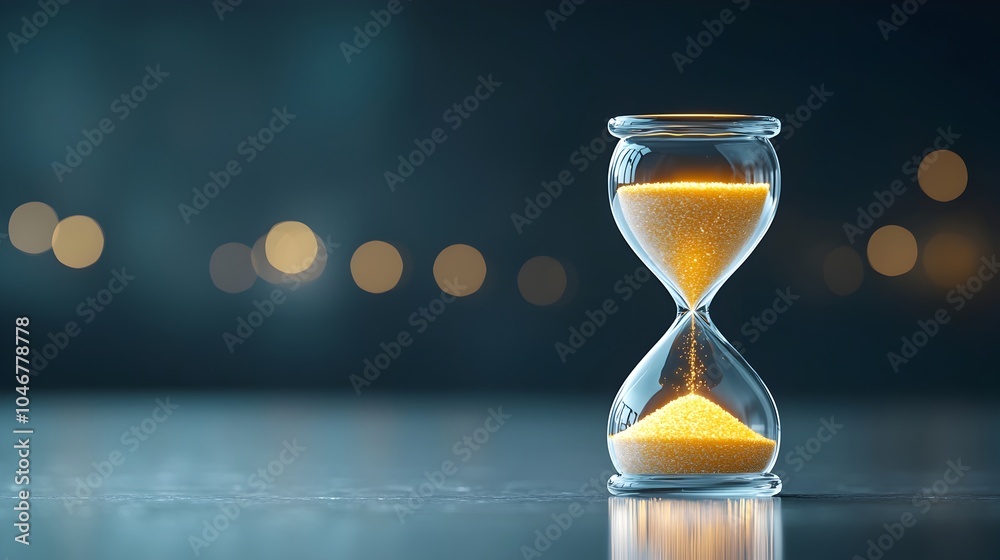 Poster radiant glowing hourglass with shimmering sand soft bokeh lighting representing time light and tranq