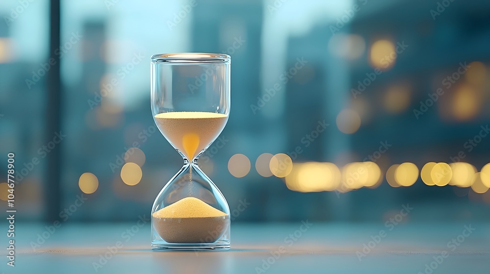 Poster shimmering hourglass filled with glowing sand captured in close up detail with a warm blurred bokeh 