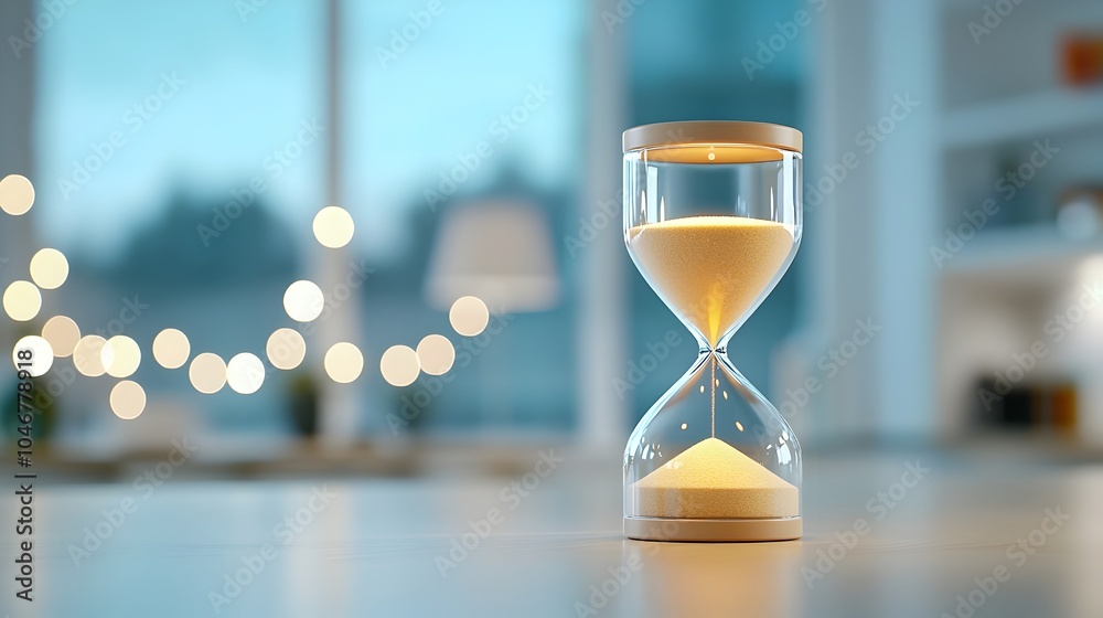 Poster Closeup of an hourglass with bright shimmering sand glowing warmly inside surrounded by a soft blurred bokeh effect for a magical timeless concept