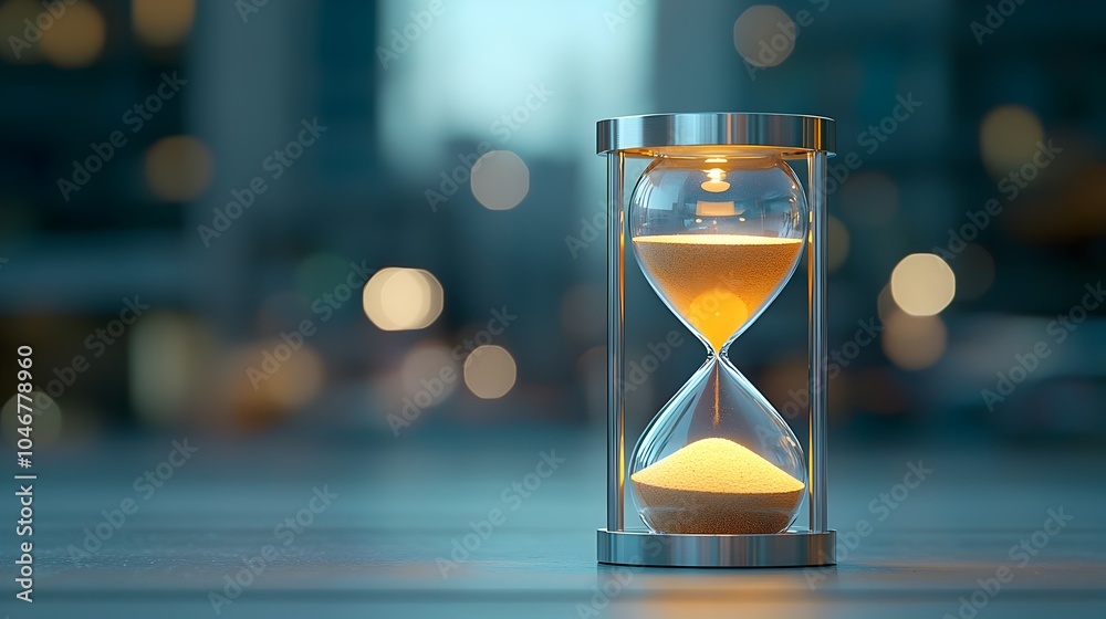 Poster close up of an illuminated hourglass with glowing sand inside bathed in warm ethereal bokeh light sy