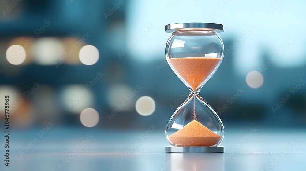 Poster Close up of an elegant hourglass filled with bright shimmering sand that glows warmly surrounded by a soft blurred bokeh effect to create a serene magical concept of the passage of time