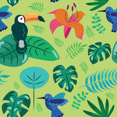 Obraz premium Tropical Birds and Leaves Seamless Pattern.