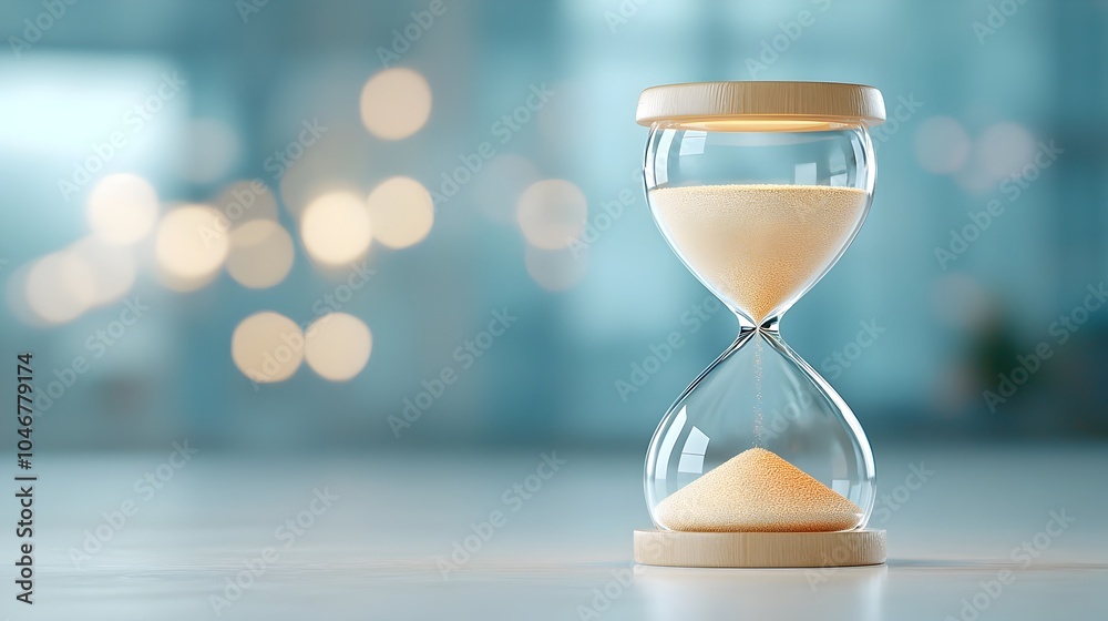 Poster Close up of a glowing hourglass with sparkling sand illuminated by a warm bokeh background representing the delicate passage of time and the fleeting nature of existence