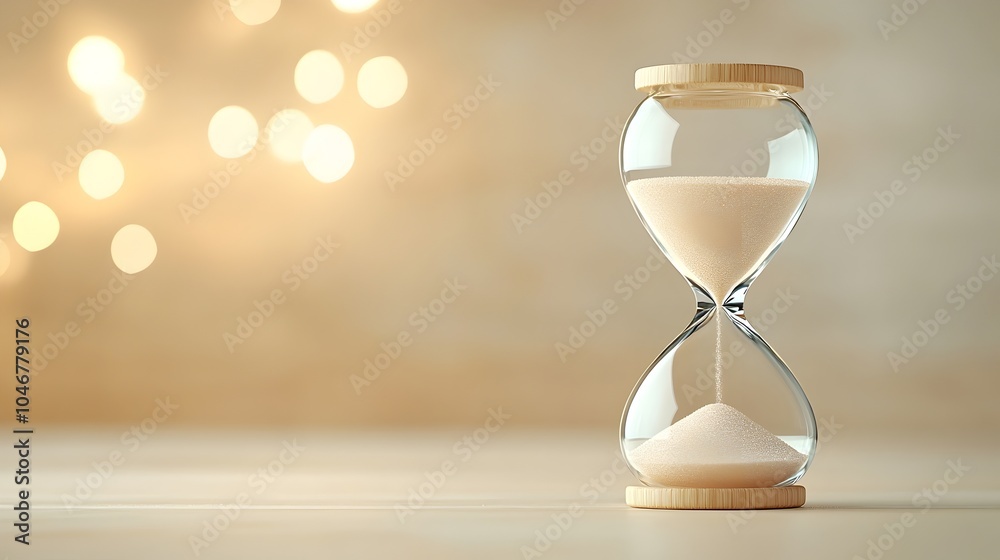 Poster Closeup of a glowing hourglass with mesmerizing sparkling sand illuminated by a warm and ethereal bokeh background representing the delicate and tranquil passage of time