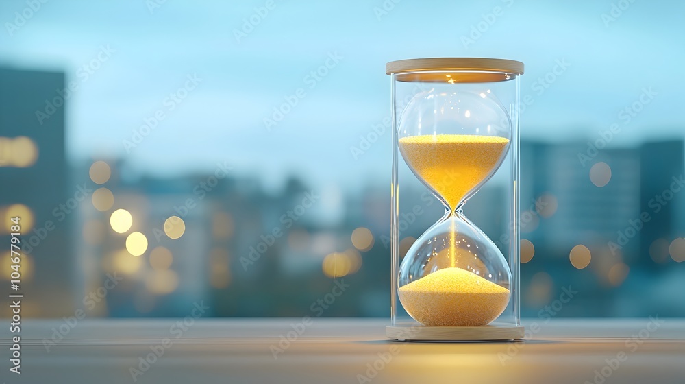 Poster Close up view of a glowing hourglass filled with sparkling illuminated sand against a warm blurred bokeh background representing the delicate and transient passage of time