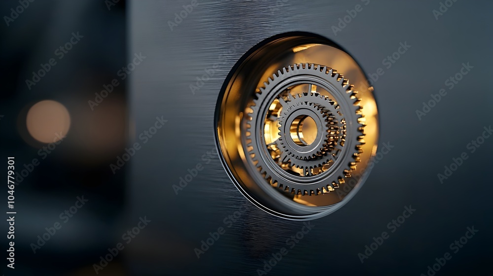 Poster Close up of an intricate gear mechanism inside a keyhole glowing softly and surrounded by a warm blurred bokeh effect symbolizing precision security and the mechanics of access and protection