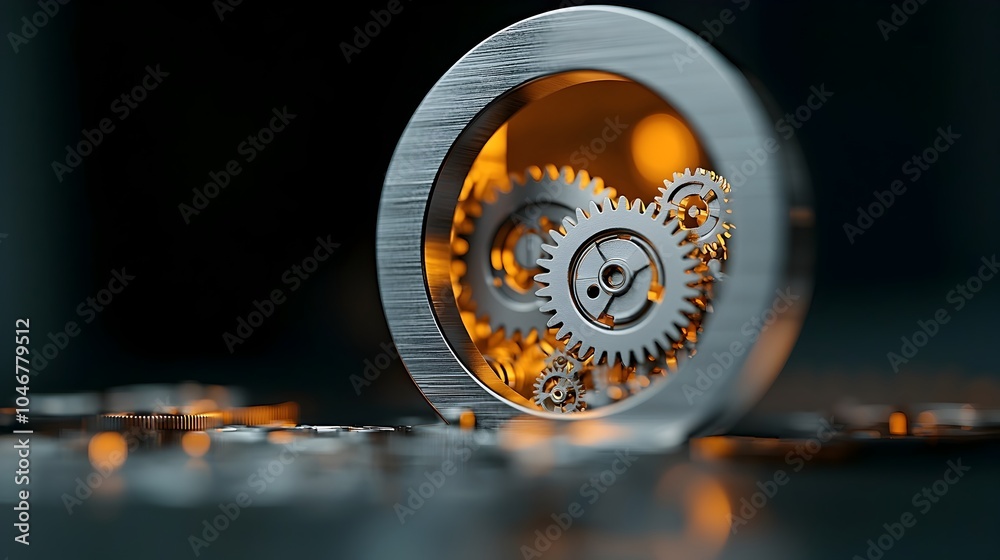 Poster Keyhole Revealing Detailed Gear System Inside Illuminated by a Warm Bokeh Glow in the Background Representing Complexity and Security