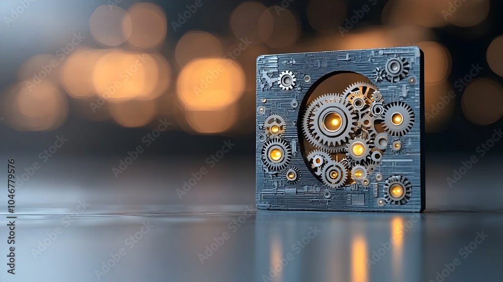 Poster Keyhole Revealing Detailed Gear System within Illuminated by a Warm Bokeh Glow in the Background Representing Complexity and Security in an Abstract Conceptual Design