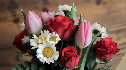 Vibrant floral bouquet featuring red roses, pink tulips, and white daisies against a rustic wooden background. Perfect for any occasion.