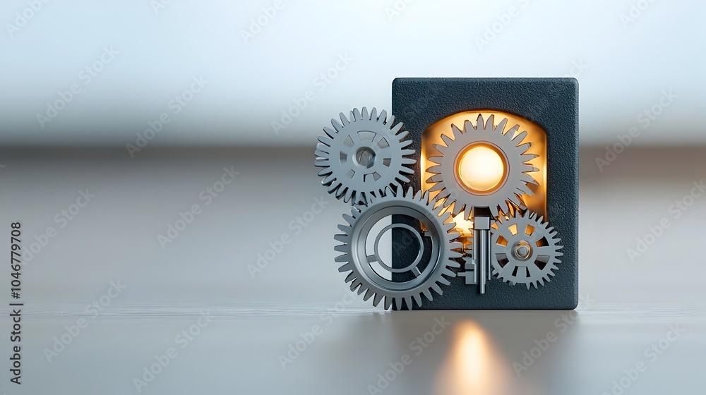 Poster Close up of a keyhole with gears turning softly inside glowing with a warm bokeh like blur surrounding it representing the concept of mechanical precision and controlled access