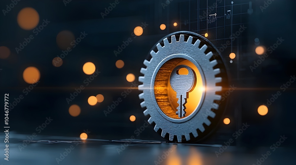 Poster Closeup of a keyhole with gears turning inside glowing softly with a warm bokeh glow surrounding it symbolizing the mechanical precision and access required for a complex system or process