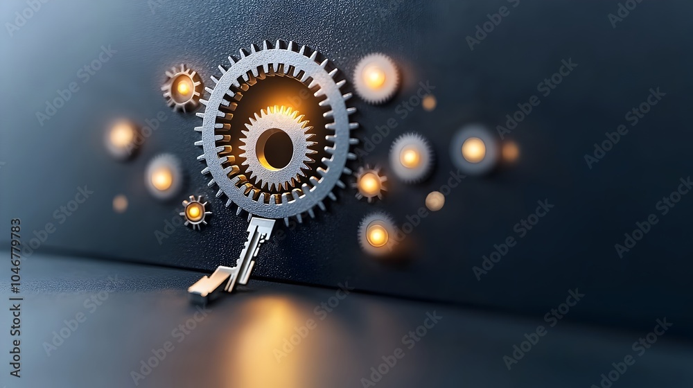 Poster Closeup of a keyhole with gears turning softly inside glowing with a warm blurred bokeh surrounding it  This image symbolizes the concept of mechanical precision and controlled access
