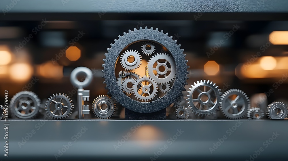 Fototapete Detailed view of a keyhole with intricate gears and mechanisms softly illuminated by a warm bokeh glow representing the concepts of security precision and technological complexity
