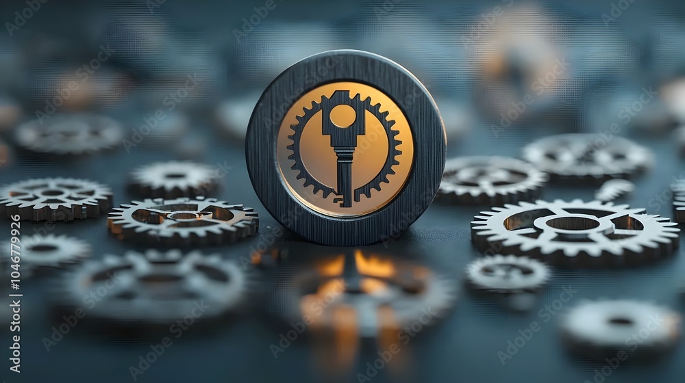 Poster Detailed close up view of an intricate keyhole mechanism with softly illuminated gears cogs and metallic components creating a warm