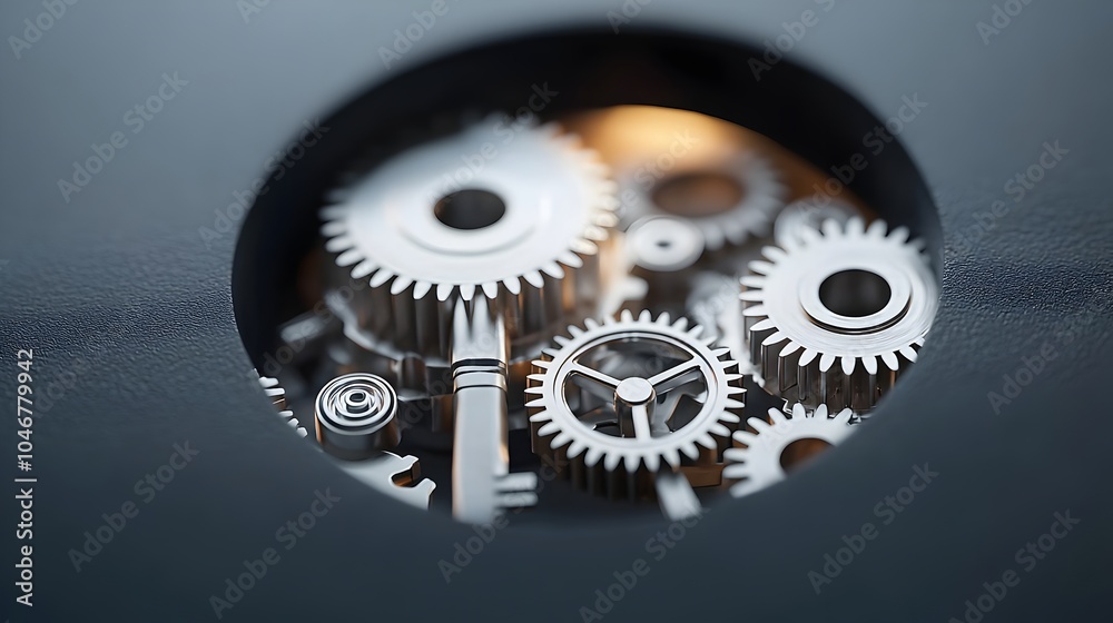 Poster Detailed close up view of an intricate mechanism with gears and a keyhole softly illuminated by a warm hazy bokeh glow representing the concepts of security precision and technological elegance