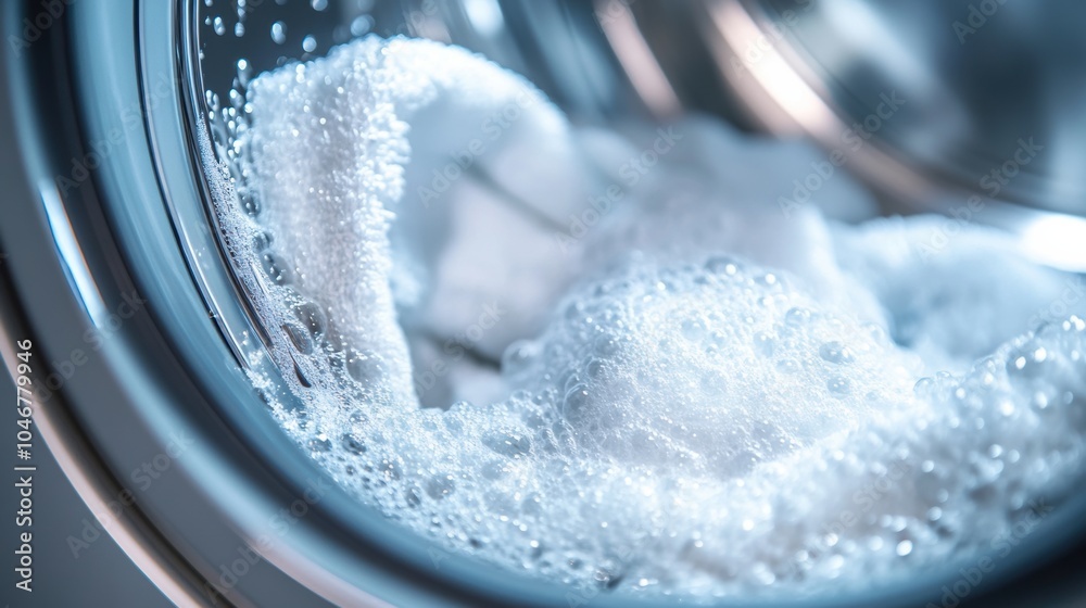 Aufkleber The drum of a washing machine contains white towels submerged in soapy water during a washing cycle, creating bubbles. Generative AI