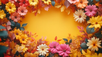Colorful autumn flowers framing bright yellow background