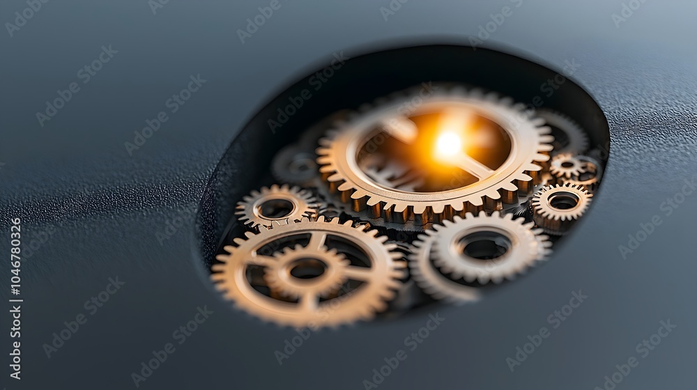 Poster Close up view of a keyhole with a detailed array of gears turning inside highlighted by a warm dreamlike bokeh glow  This image symbolizes the concepts of security mechanics and controlled access