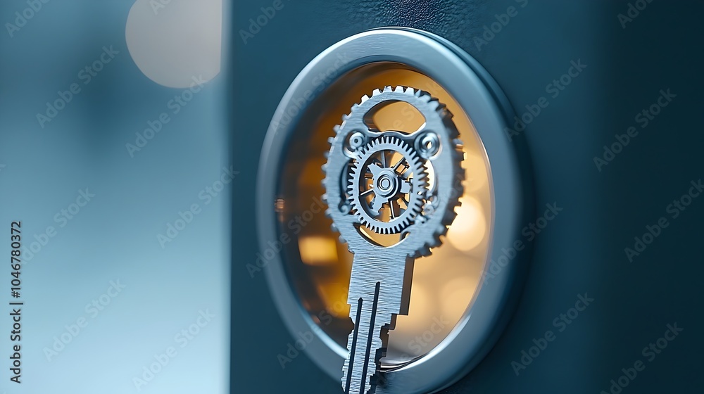 Poster Unlocking the Secrets of Technology A Close up View of a Keyhole Revealing an Intricate Gear Mechanism Glowing Warmly and Surrounded by Soft Bokeh Light