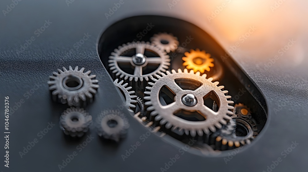 Poster Closeup view of a keyhole with detailed gears turning inside highlighted by a warm and glowing bokeh effect  This image symbolizes the mechanics security and access of a complex locking system