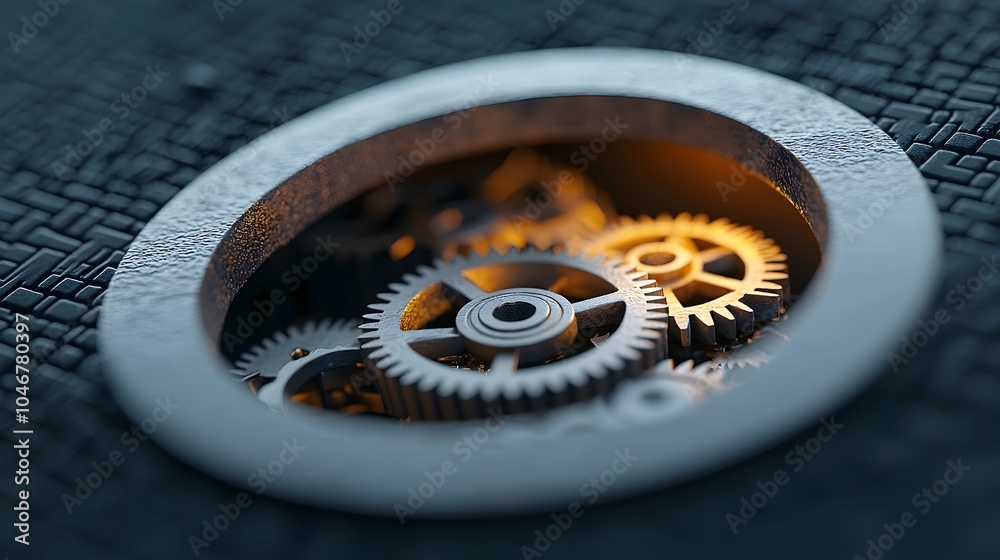 Aufkleber Close up view of the intricate gears and mechanisms within a secure keyhole highlighted by a warm glowing bokeh effect symbolizing the inner workings of technology access and industrial precision