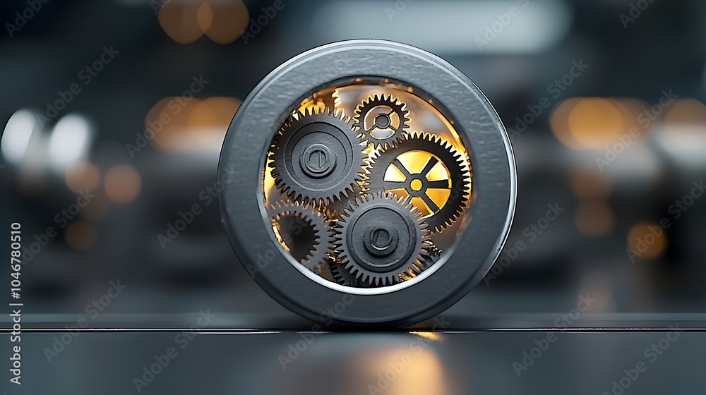 Poster Close up image of an intricate keyhole revealing detailed gears and mechanisms inside bathed in a warm glowing light and surrounded by a beautiful bokeh effect representing the concepts of security