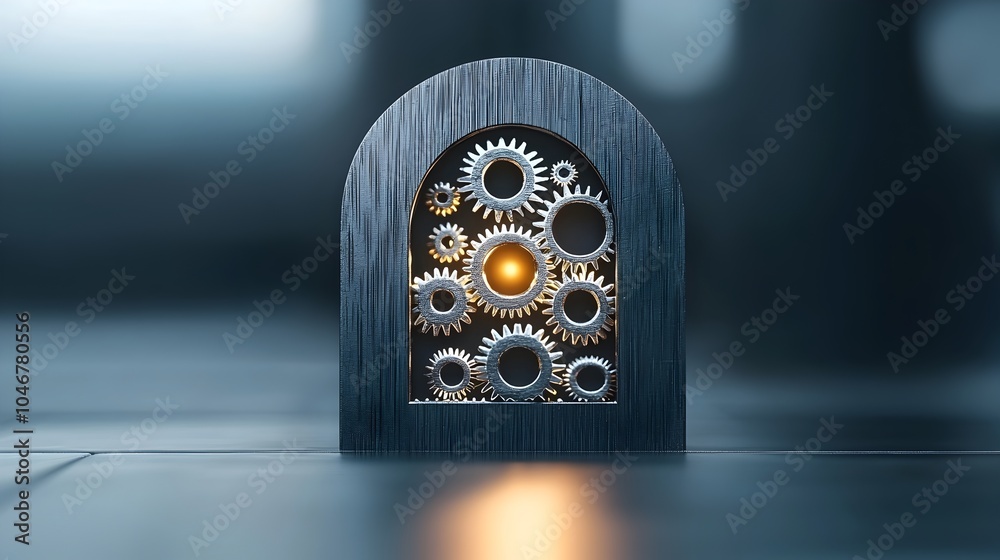 Poster Keyhole with intricate gears visible inside glowing warmly with a soft bokeh background symbolizing the unlocking of technology and precise mechanics