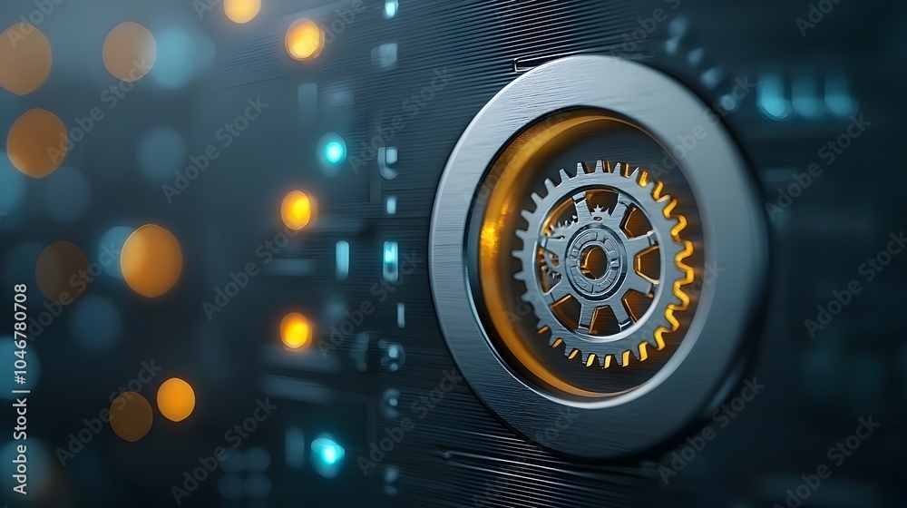 Poster Glowing keyhole with an intricate gear mechanism visible inside surrounded by a soft bokeh glow in the background symbolizing precision technology and security