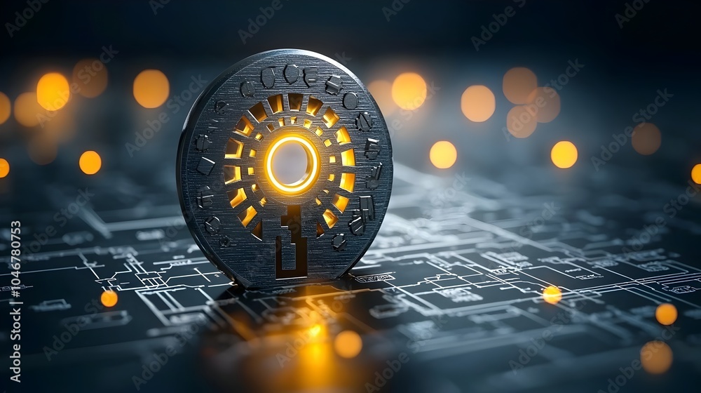 Poster Glowing keyhole with an intricate gear mechanism visible inside surrounded by a soft bokeh glow in the background symbolizing the precision and security of advanced technology and innovation