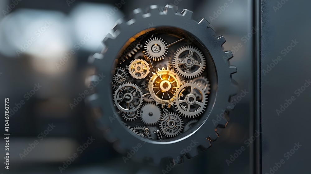 Poster Intricate gears visible inside a glowing keyhole against a soft bokeh background  This image symbolizes the unlocking of technology and the precision of mechanical engineering
