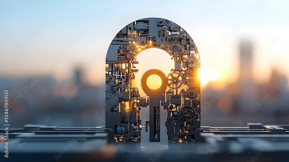 Poster Close up view of a keyhole revealing a detailed internal gear mechanism glowing softly with warm and elegant bokeh lighting symbolizing the concepts of security precision engineering