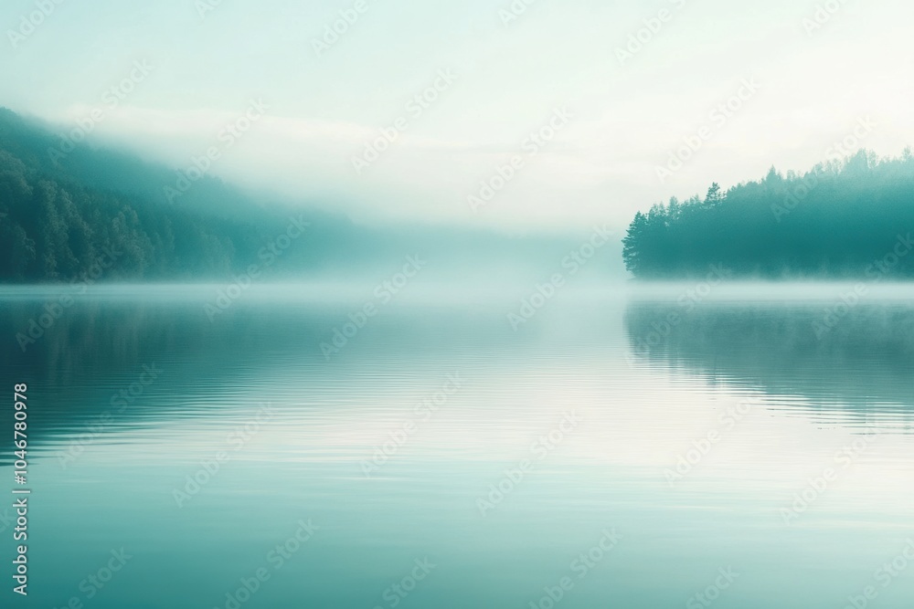 Poster the calm lake, enveloped in soft morning mist, mirrors the surrounding landscape, creating a serene 
