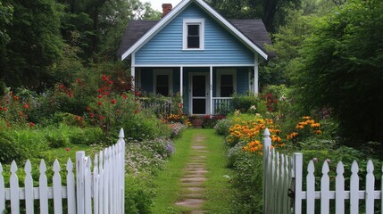 Fototapeta premium Cozy cottage with a charming garden and white picket fence.