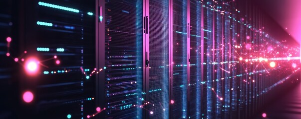 Virtual server racks with IT networks and glowing data points
