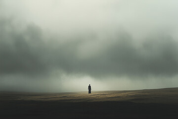 Solitary Abstract Figure in a Vast Desert Under an Overcast Sky