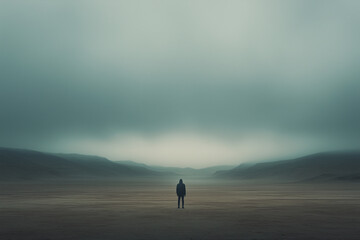Solitary Abstract Figure in a Vast Desert Under an Overcast Sky