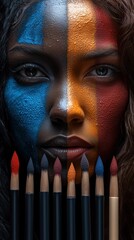 Portrait of a Black Woman Facing Forward with Painted Stripes and Brushes, Representing Identity Beyond Skin Color