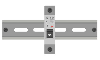 Miniature circuit breaker mounted on a DIN rail. Single pole MCB device for the protection of circuits against overload and short circuit